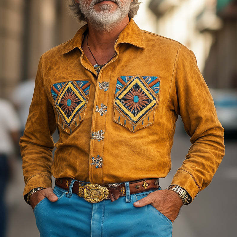 Camisa informal de manga larga de ante con bordado vintage para hombre
