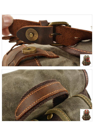 Mochila vintage de lona y cuero con múltiples bolsillos para hombre