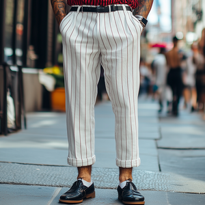 Pantalones casuales de algodón y lino a rayas de estilo retro clásico para hombre