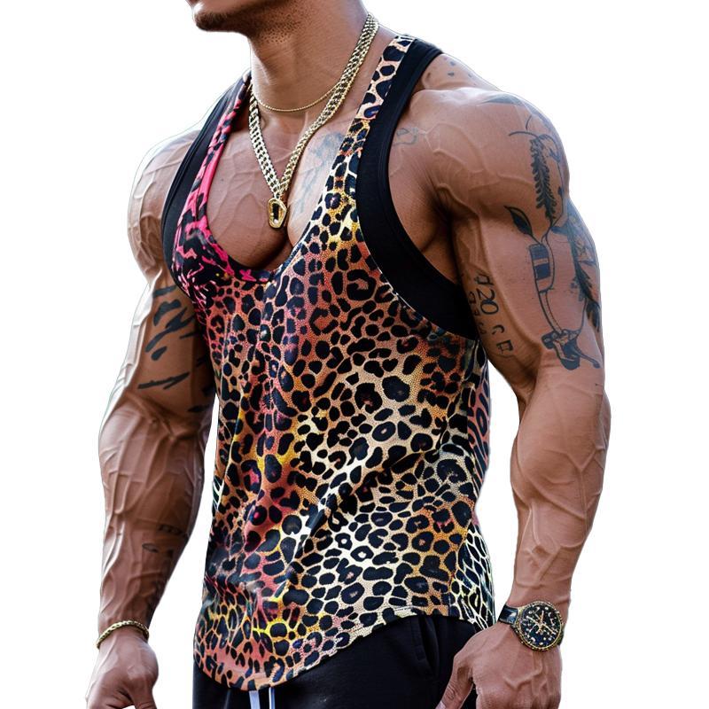 Sexy Patchwork-Tanktop mit U-Ausschnitt und Leopardenmuster für Herren