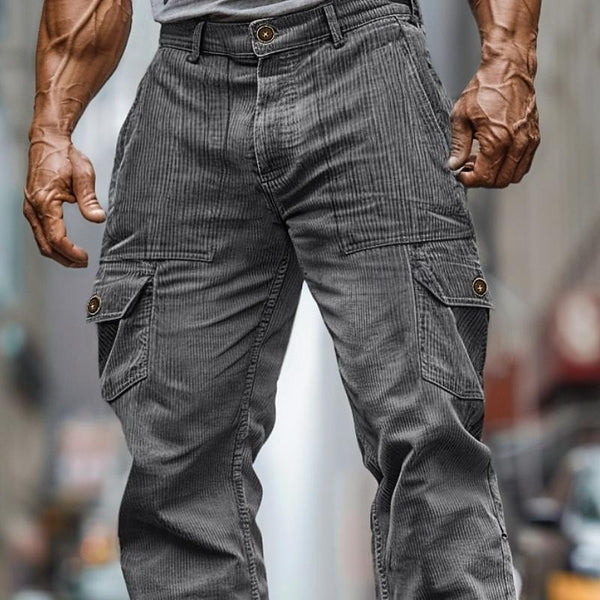 Pantalones cargo rectos de pana de color liso con múltiples bolsillos para hombre