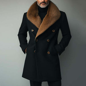Men's Retro Casual Fur Collar Spliced Tweed Coat