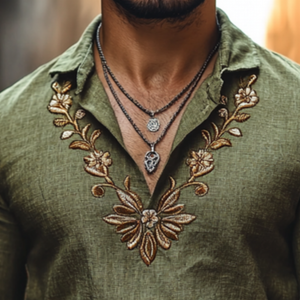 Camisa informal de lino con solapa y bordado floral, corte entallado y manga larga para hombre