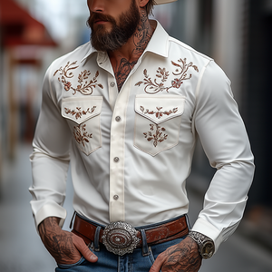 Klassisches, besticktes Slim Fit-Langarmhemd aus Baumwolle für Herren im amerikanischen Westernstil