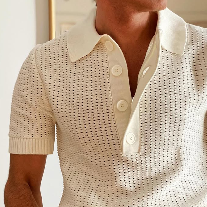 Men's Knit Hollow Lapel Lapel Short Sleeve Polo Shirt