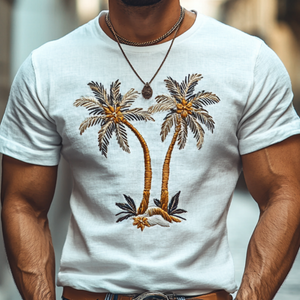 Camiseta informal de algodón con bordado de cocoteros para hombre, cuello redondo, manga corta y ajustada