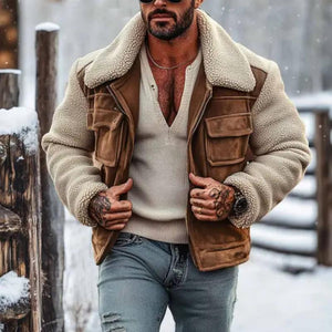 Herren Vintage Wildleder Nähte Lammwolle Revers Jacke Mantel