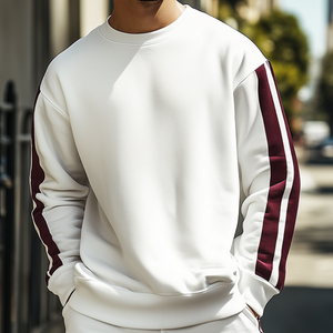 Men's Retro Casual Striped Crew Neck Sweatshirt Shorts Two-Piece Set