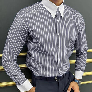 Men's Striped Colorblock Lapel Long Sleeve Casual Shirt