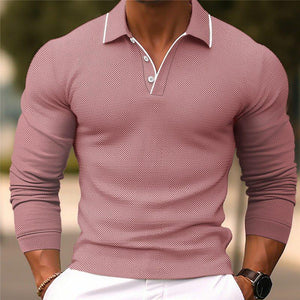 Polo de manga larga ajustado con solapa de color liso para hombre