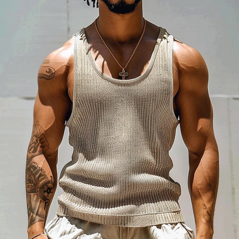 Camiseta sin mangas con textura a rayas y cuello redondo de color liso para hombre
