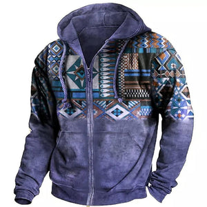 Men's Retro Casual Ethnic Style Geometric Print Zipper Hoodie