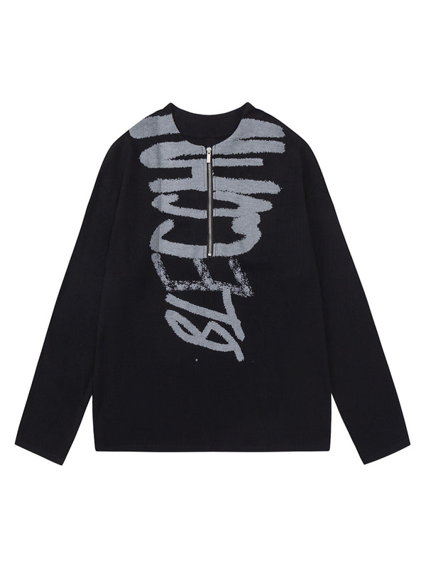 Half Zip Crew Neck Printed Knitted Sweater