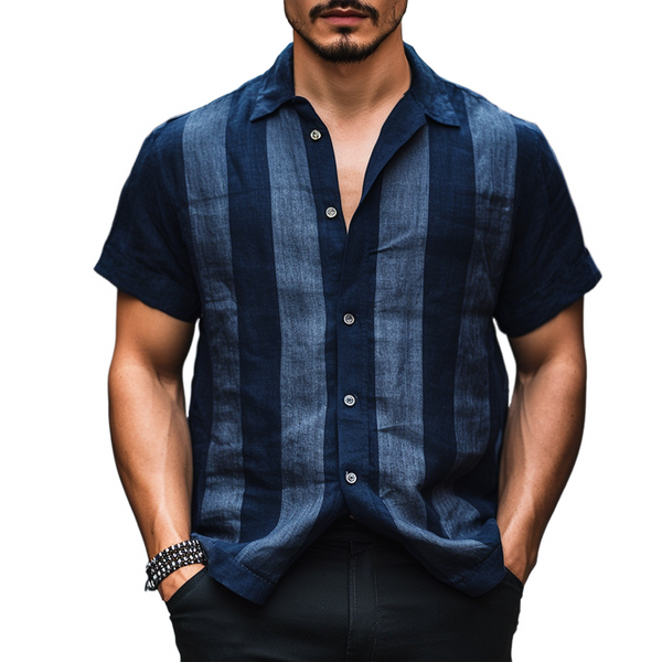 Camisa de lino de manga corta con solapa y estampado de rayas retro para hombre