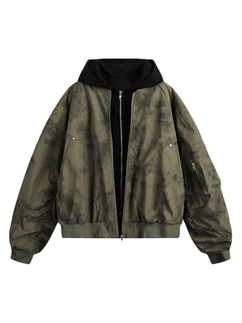 Patchwork Faux Two-Piece Gradient Hooded Bomber Jacket