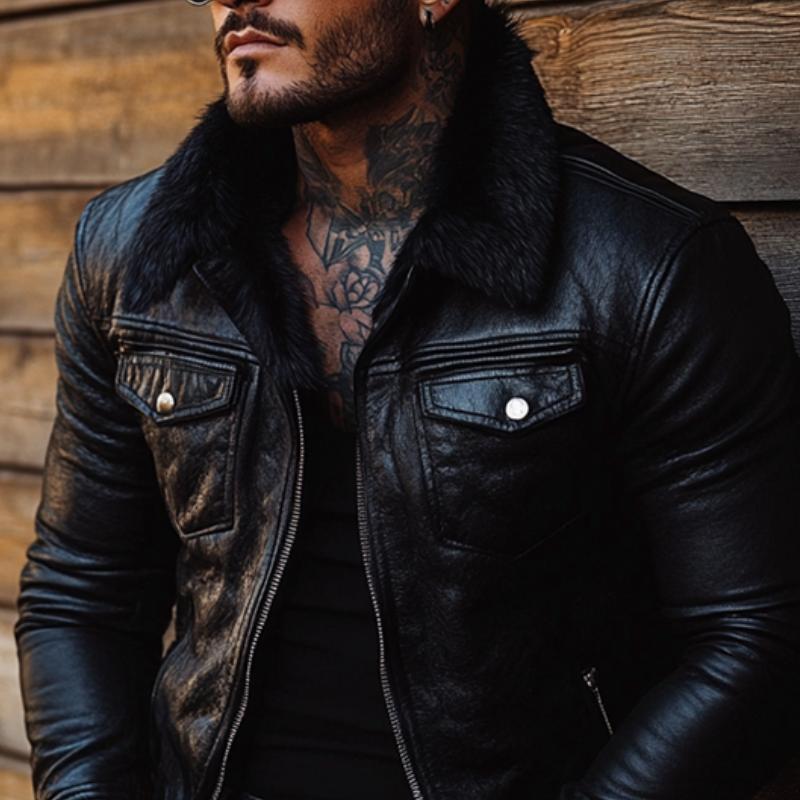 Men's Vintage Fur Collar Leather Jacket