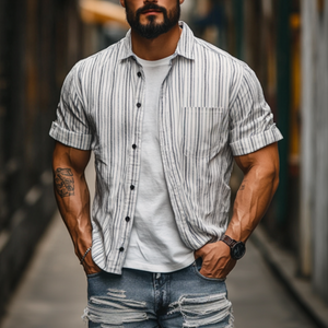 Herren Casual Baumwolle Leinen Gestreiftes Revers Einreihiges Lockeres Kurzarmhemd