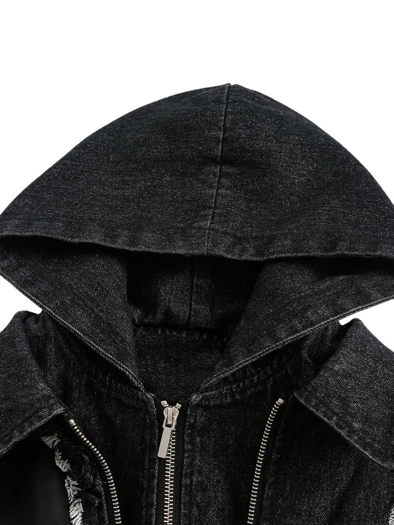 Raw Edge Spliced Hooded Denim Jacket