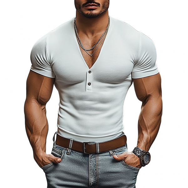 Camiseta informal de manga corta entallada de algodón con cuello en V y botones para hombre
