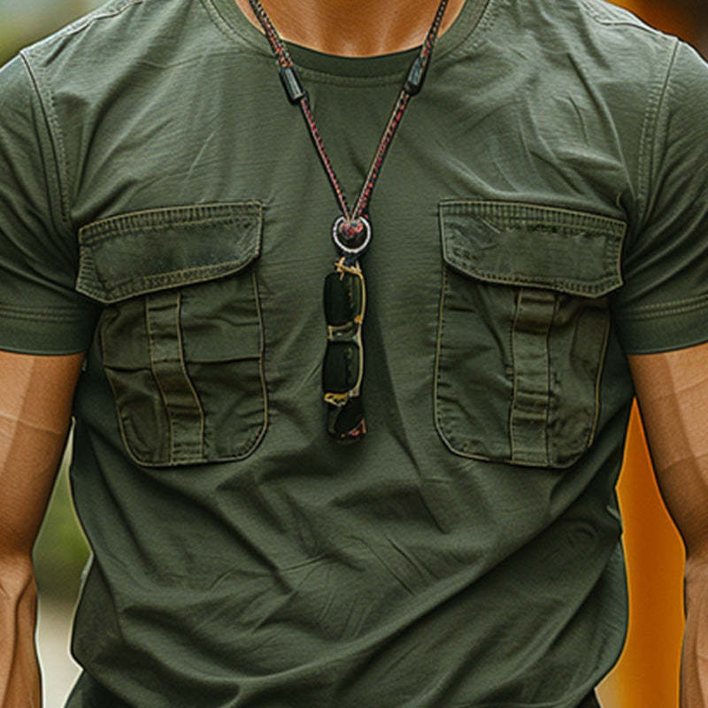 Camiseta informal de manga corta con bolsillo verde militar para hombre