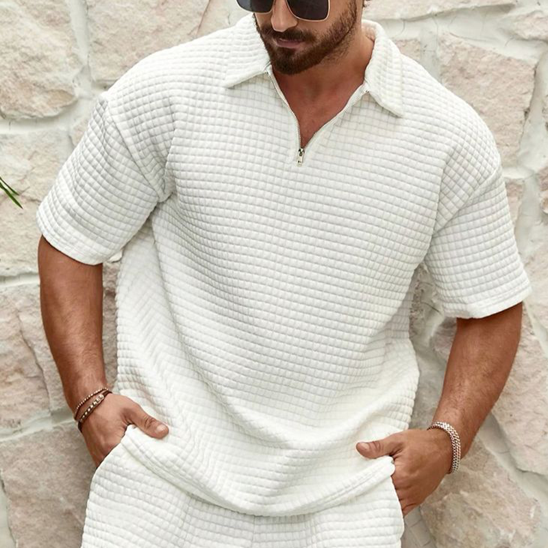 Herren Frühling und Sommer Lässiges hautfreundliches Waffelpullover-T-Shirt-Shorts-Set