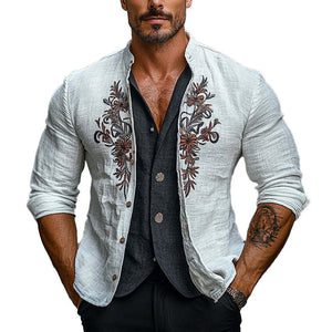 Chaqueta de hombre con cuello alto, bordado floral y botonadura sencilla