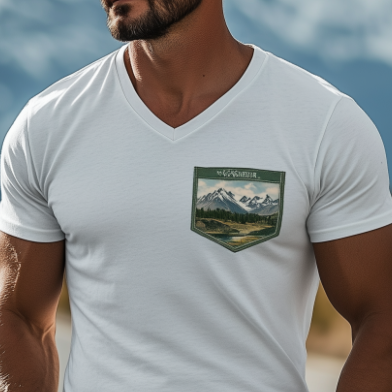 Camiseta informal de manga corta de algodón con cuello en V y bolsillo de la serie Yellowstone para hombre
