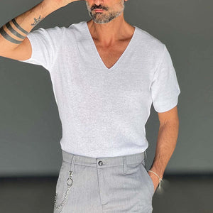 Men's Solid Color V-Neck Short Sleeve Knitted T-Shirt