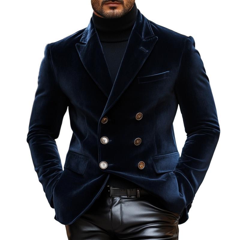 Blazer de terciopelo vintage elegante con solapa de pico y doble botonadura para hombre