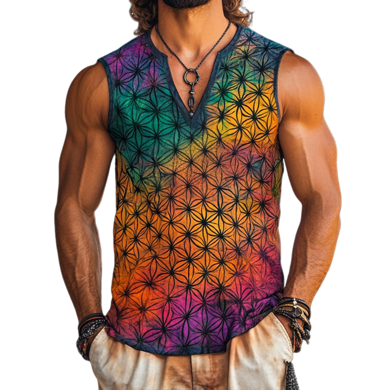 Herren-Tanktop mit V-Ausschnitt und Blumen-des-Lebens-Print im Vintage-Stil