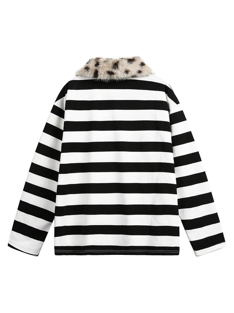 Striped Detachable Fur Collar Long-Sleeve T-shirt