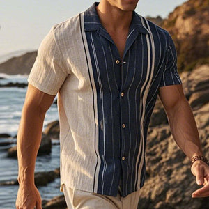 Men's Retro Casual Linen Striped Colorblock Printed Lapel Short Sleeve Shirt