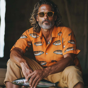 Men's Spring Fashion Sardines Print Short Sleeve Shirt