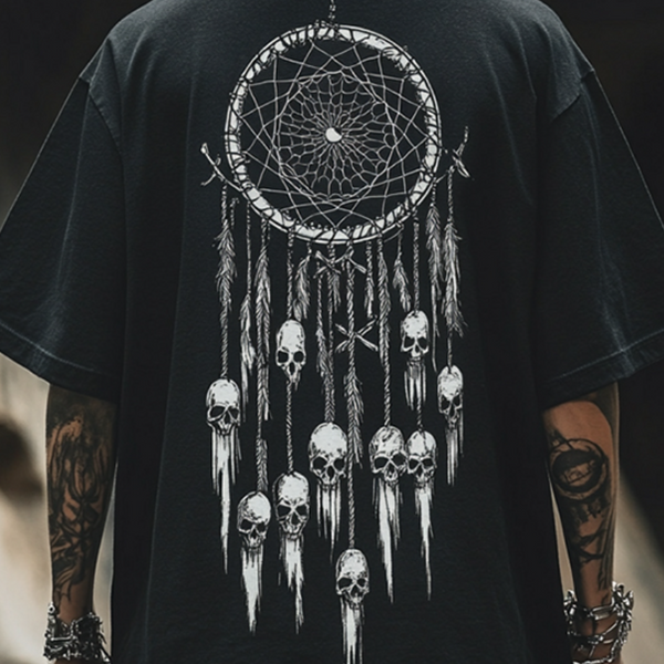 Men's Retro Casual Dreamcatcher Skull Print Round Neck Short Sleeve T-Shirt MTA2152C7TO