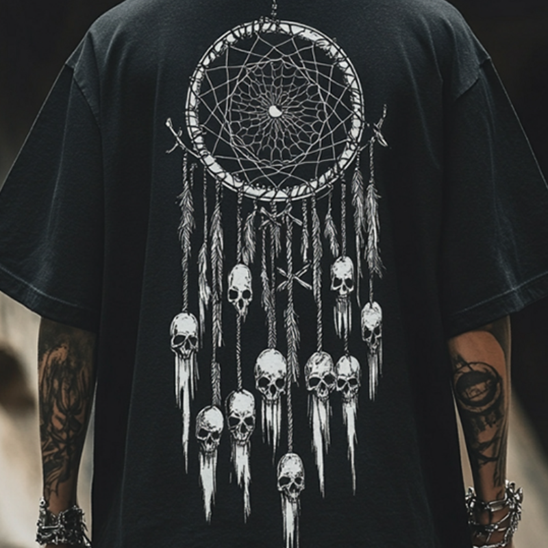 Men's Retro Casual Dreamcatcher Skull Print Round Neck Short Sleeve T-Shirt MTA2152C7TO