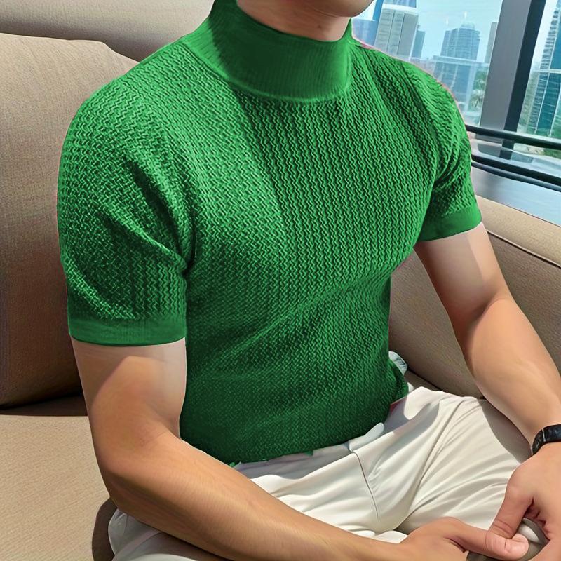 Herren-T-Shirt mit halbem Rollkragen, einfarbig, eng gestrickt, kurzärmelig