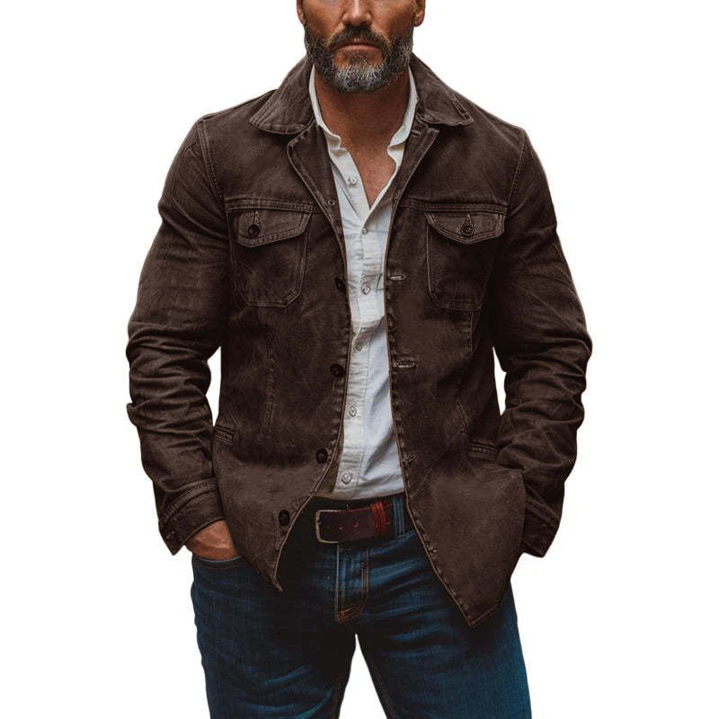 Men's Vintage Heavy Washed Leather Lapel Single Breasted Multi-Pocket Work Jacket