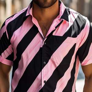 Camisa informal americana de gasa con estampado a rayas y manga corta para hombre