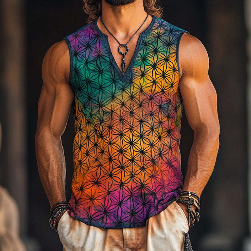 Herren-Tanktop mit V-Ausschnitt und Blumen-des-Lebens-Print im Vintage-Stil