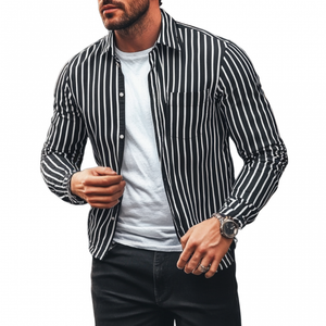 Camisa informal de manga larga holgada con solapa a rayas para hombre