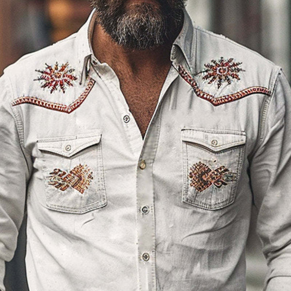 Men's Vintage Cotton Embroidered Long Sleeve Shirt