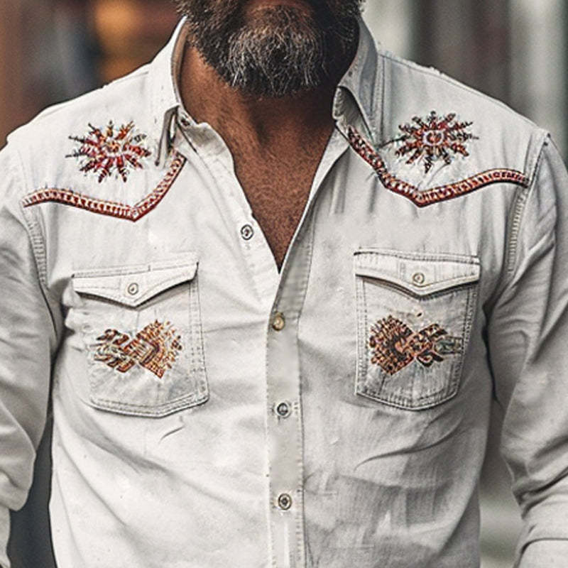 Camisa de manga larga bordada de algodón vintage para hombre 