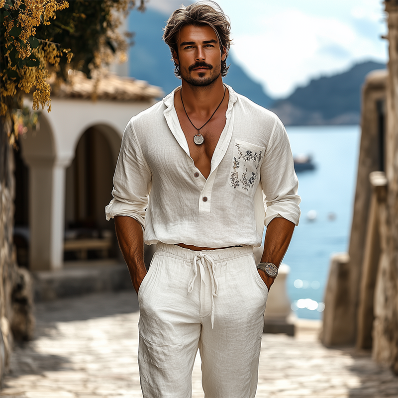 Men's Spring And Summer Casual Deep V-Neck Cotton And Linen Embroidered Long Sleeve Shirt