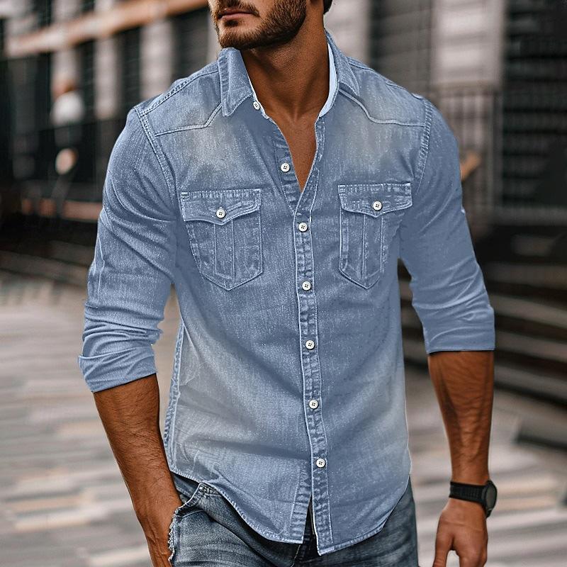 Herren-Revershemd aus gewaschenem Distressed-Denim im Vintage-Stil