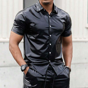 Men's Shiny PU Leather Plain Black Short Sleeve Set