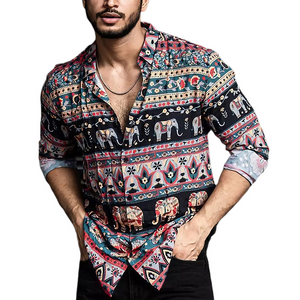 Men's Retro Colorblock Printed Casual Long Sleeve Shirt