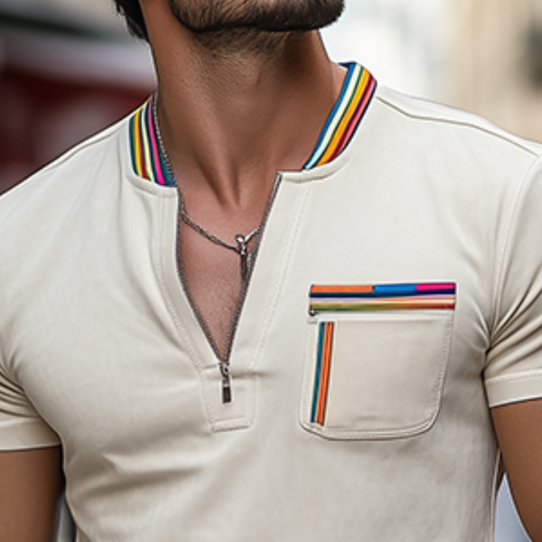 Camiseta informal de manga corta de gamuza con cuello en V y cremallera para hombre, de moda de primavera y verano