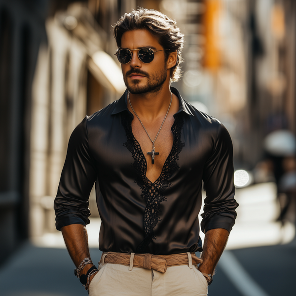 Lässiges Slim Fit-Langarmhemd für Herren mit Spitze und Satinnähten, tiefem V-Ausschnitt