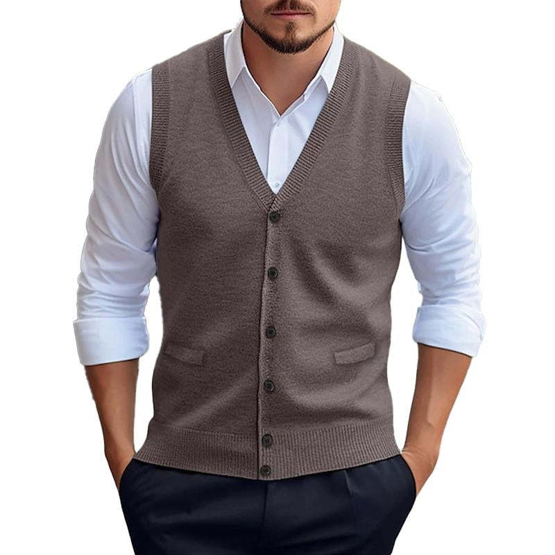 Chaleco tipo cárdigan informal de punto de color liso para hombre