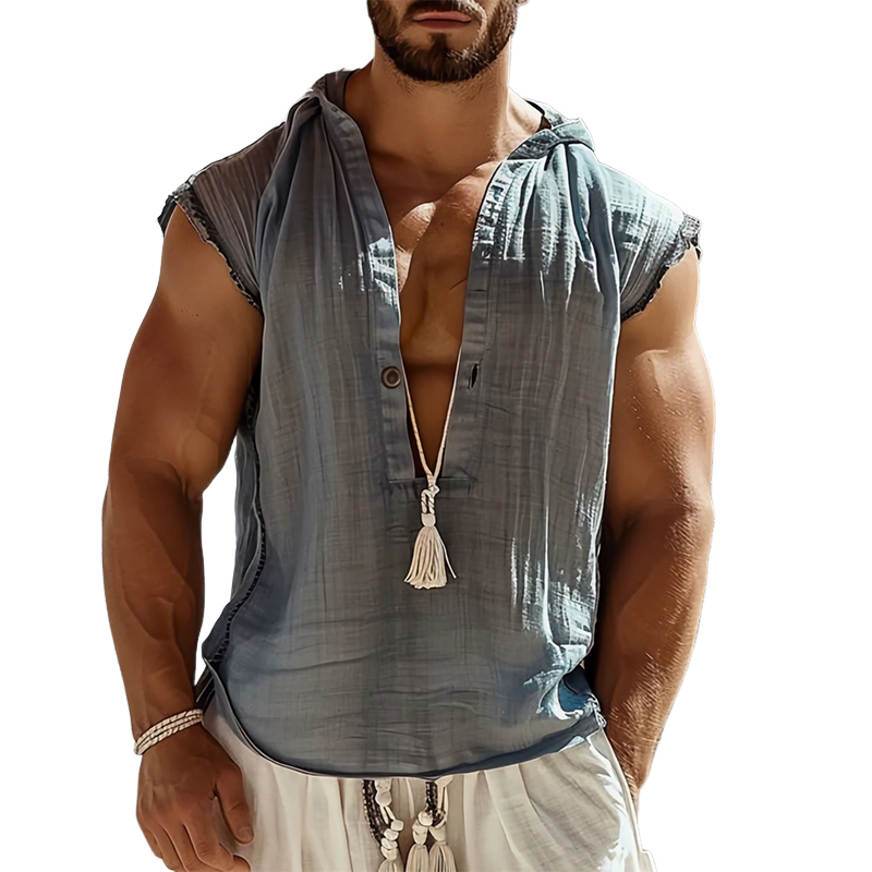 Men's Light Gray Ice Silk Pleated Hooded Tank Top
